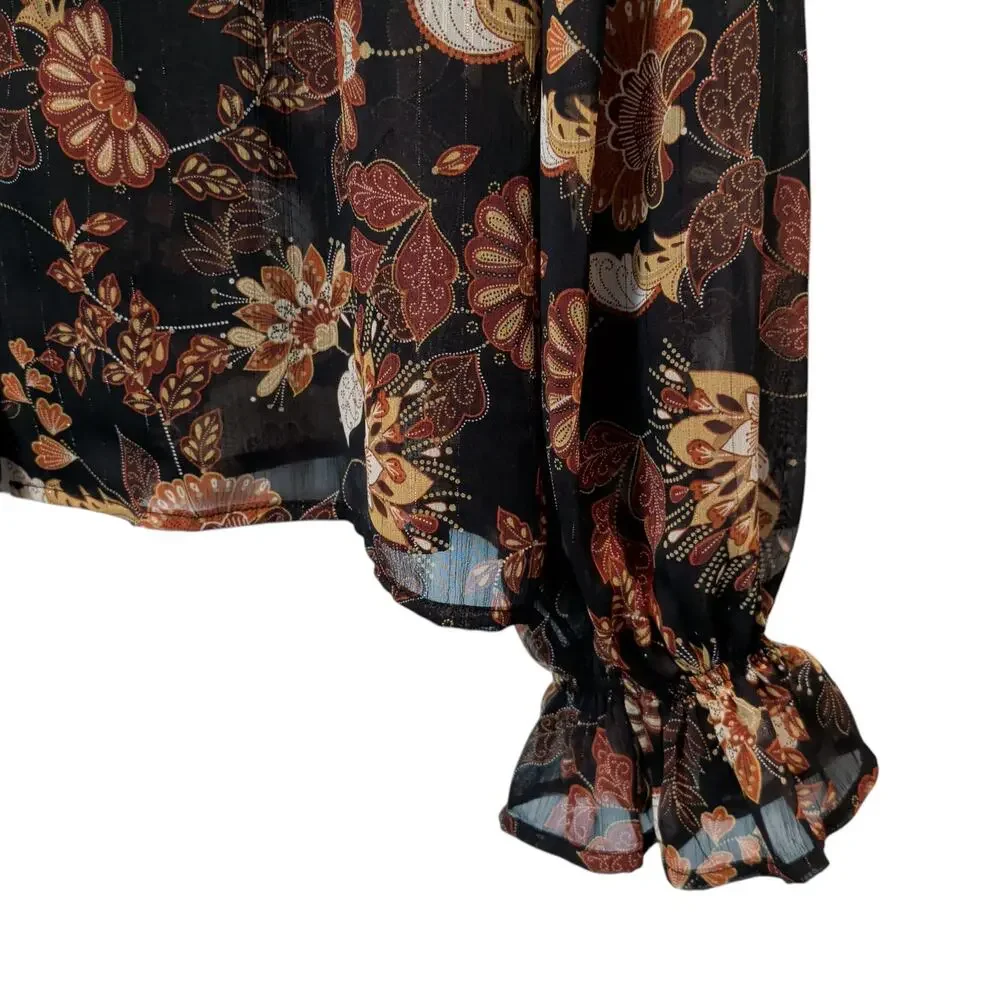 Evereve Women's Sz L Jaci Black Floral Gathered Sheer Blouse Button Up Metallic - Picture 4 of 7